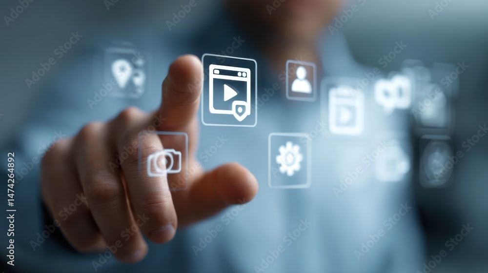 Hand touches digital screen with icons representing technology and information management. Hand touches digital screen with icons representing technology and information management.