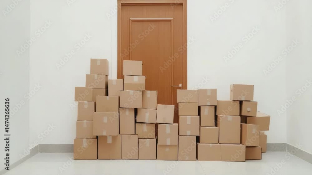 Stack of Cardboard Boxes by a Closed Door Moving Storage or Delivery Concept Stack of Cardboard Boxes by a Closed Door Moving Storage or Delivery Concept