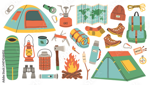 Camping and hiking simple set. Hand drawn elements outfit, tent, campfire, map. Perfect for scrapbooking, craft projects, posters, tags, sticker kit.