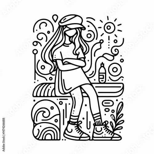 Trendy Girl Illustration with Abstract Elements and Nature Motifs