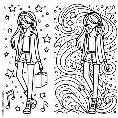 Stylish Girl with Headphones in a Whimsical Background