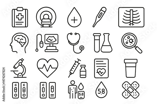 Collection of pharmaceutical outline icons depicting medical supplies, medications, and healthcare utilities for various applications