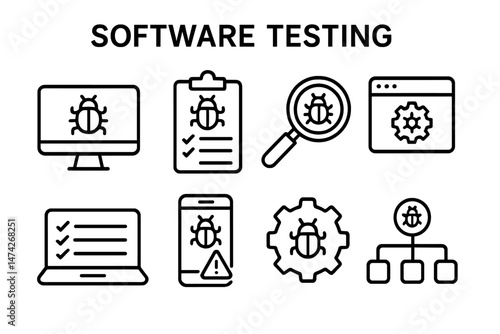 Collection of vector illustration icons depicting version control concepts for software development activities