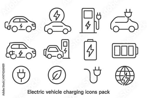 Collection of electric vehicle charging icons for sustainable transportation solutions