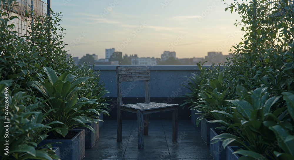 Naklejka premium Wooden Chair on Rooftop Garden Terrace in City
