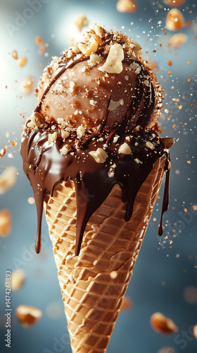Delicious chocolate ice cream cone topped with crushed nuts and drizzled with chocolate sauce, creating an enticing dessert experience with a vibrant background