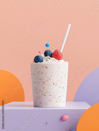 Refreshing smoothie in a white cup topped with whipped cream, blueberries, and raspberries, set against a colorful pastel background with playful geometric shapes