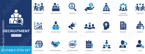 Recruitment icon set featuring hiring, contract, employee, hiring, job, hire, resume, candidate screening, interview, and hr selection symbols for staffing and workplace solutions.