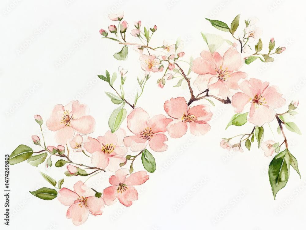 Naklejka premium Soft watercolor painting of delicate pink cherry blossoms with gentle green leaves creating elegant botanical illustration of spring flowers