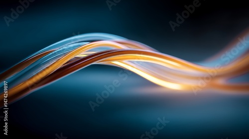 Stock illustration of an abstract futuristic background, highlighting a blue light streak and fiber optic speed lines to signify the speed and innovation of 5g or 6g technology and high-speed