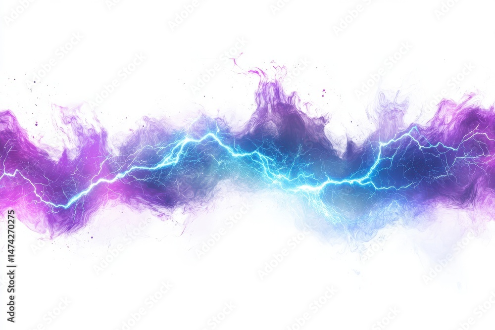 Row of abstract purple and blue lightning strikes isolated on a white background, depicting electric power and energy concept Row of abstract purple and blue lightning strikes isolated on a white background, depicting electric power and energy concept