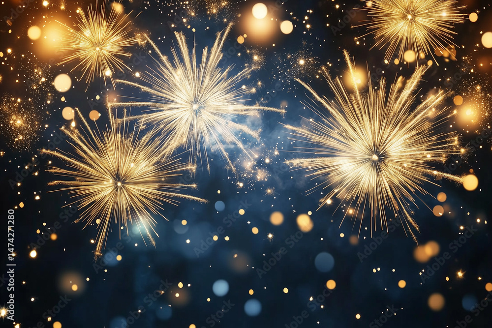 Fototapeta premium A festive and glittering display of gold and white fireworks exploding against a dark blue night sky filled with sparkling particles, creating a magical and celebratory atmosphere.
