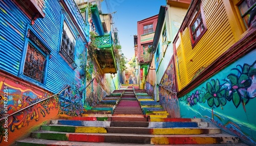 valparaiso s colourful chilean staircases covered in vibrant murals and graffiti on the city s brightly coloured alleyways