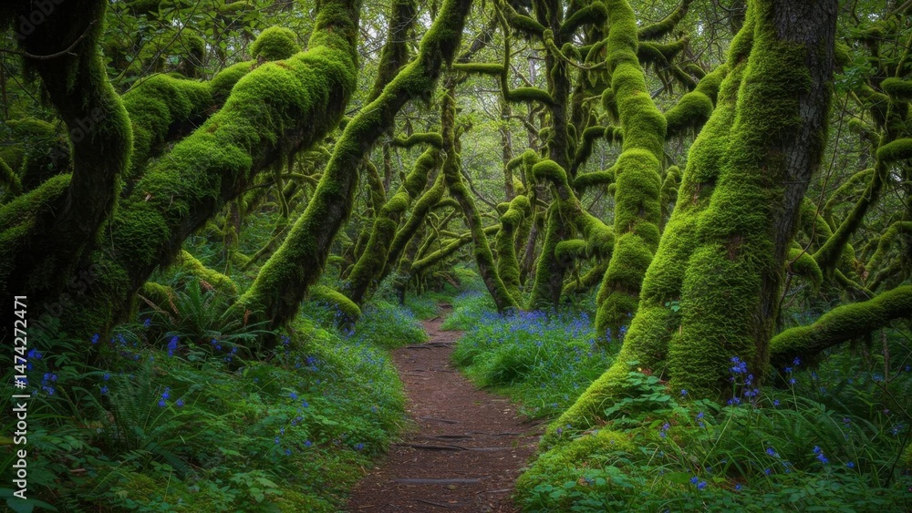 Fototapeta premium A verdant forest path with moss-covered trees.