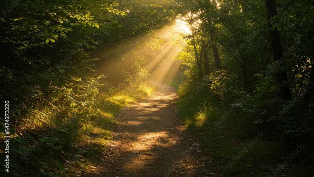 Obraz premium Sunlight through forest trees on path