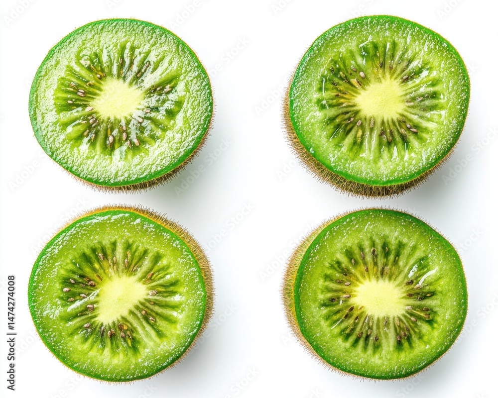 Fototapeta premium Four Slices of Fresh Green Kiwi Fruit on White Background