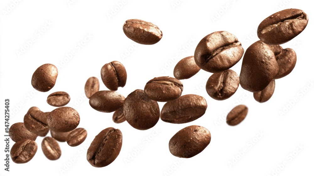 Naklejka premium Roasted coffee beans floating in the air against a white background.