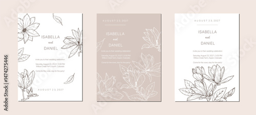 Set of magnolia flower line art wedding card design. Spring frame poster background template. Blossom hand drawn floral birthday party abstract decoration invitation. Vector illustration