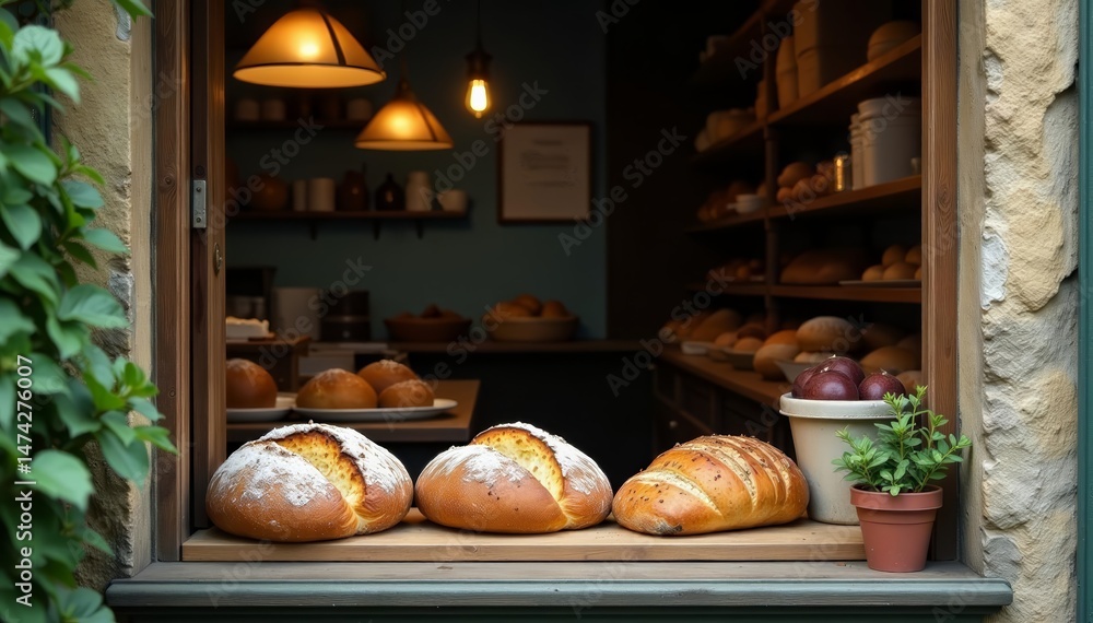 Fototapeta premium A rustic bakery window with freshly baked bread and pastries on display, with a vintage sign and flower pots, restaurant, mockup, display