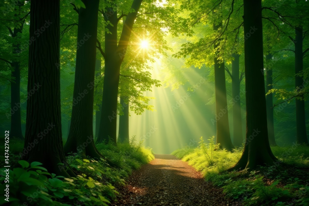 Obraz premium A serene forest with sunlight filtering through the trees, creating a tranquil environment, serene, sunlight, nature
