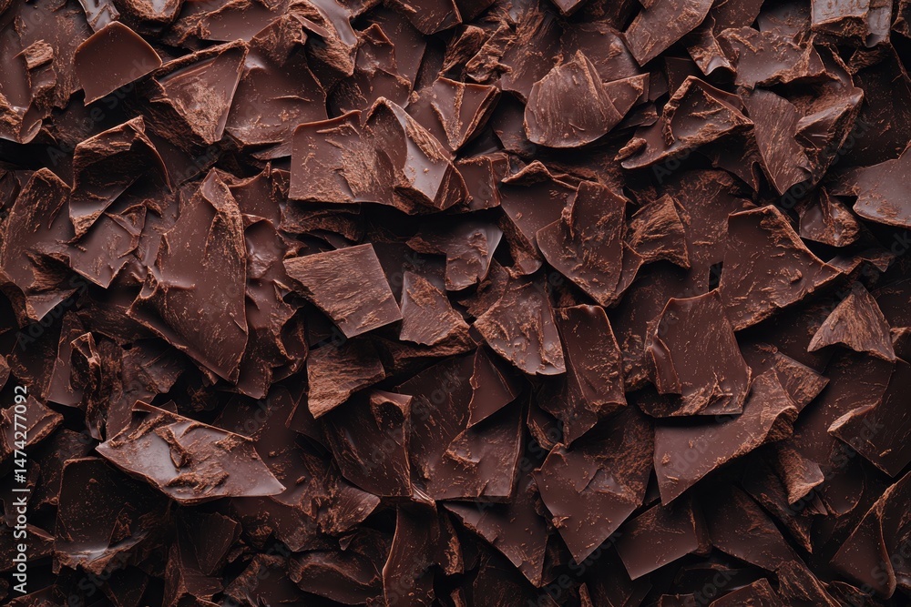 A close up top down view of many pieces of dark chocolate scattered randomly across the entire frame A close up top down view of many pieces of dark chocolate scattered randomly across the entire frame