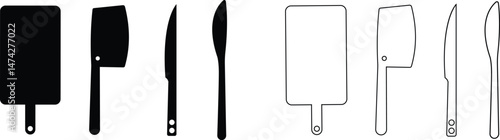 The cutting board with knife icon set. Chopping Board symbol. Black Vector collection isolated on transparent background. Kitchen tool for cooking, web and app. Food and vegetable, cut symbol