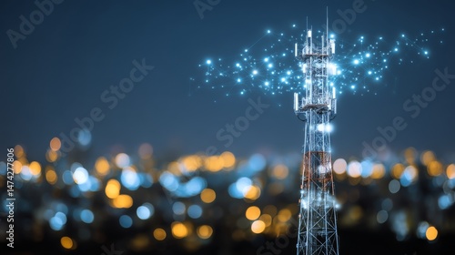 The concept of urban broadband network technology is represented by a white high-speed mobile internet transmission tower emitting abstract communication signals as part of 5G wireless