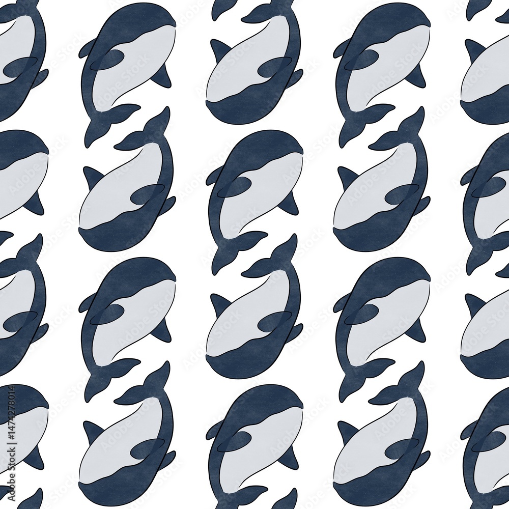 Seamless pattern with a killer whale silhouette on a white background Seamless pattern with a killer whale silhouette on a white background