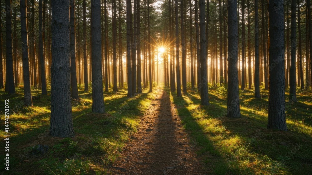 Fototapeta premium Sunlight peeks through the trees in a lush forest.