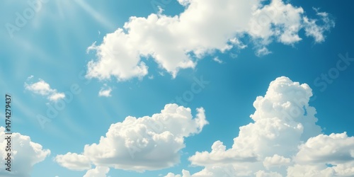 Azure summer sky, fluffy white cumulus clouds drift lazily, horizon, cumulus