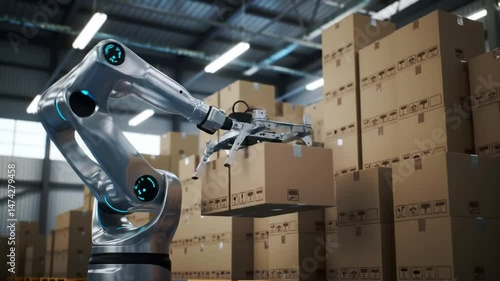 Robot arm efficiently handling packages in modern warehouse setting