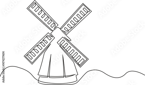 Windmill continuous one line isolated vector Illustration, editable stroke.
