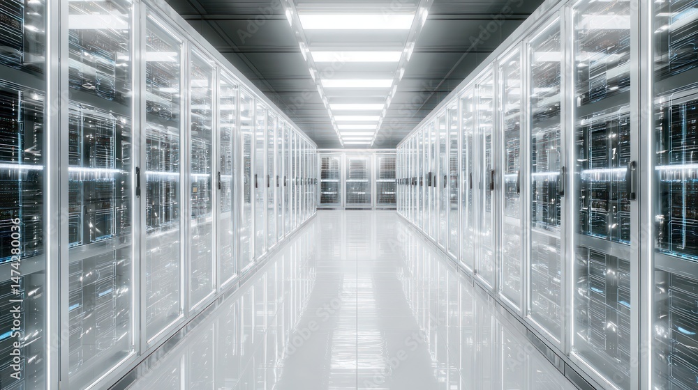 Server room with rows of equipment racks and bright overhead lighting. Server room with rows of equipment racks and bright overhead lighting.