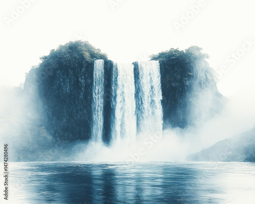 serene waterfall cascading between lush cliffs isolated on white background