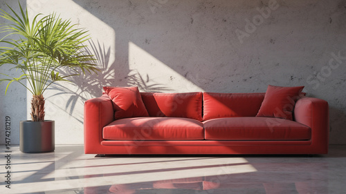 A modern living room features a vibrant red sofa as a focal point in the room