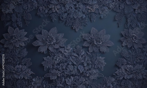 Intricate floral lace on midnight blue gradient, shadow, background, nature