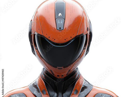 Obraz na płótnie Futuristic Orange Helmeted Robotic Figure Isolated on White Background Front View High-Quality Technology Concept Image w salonie