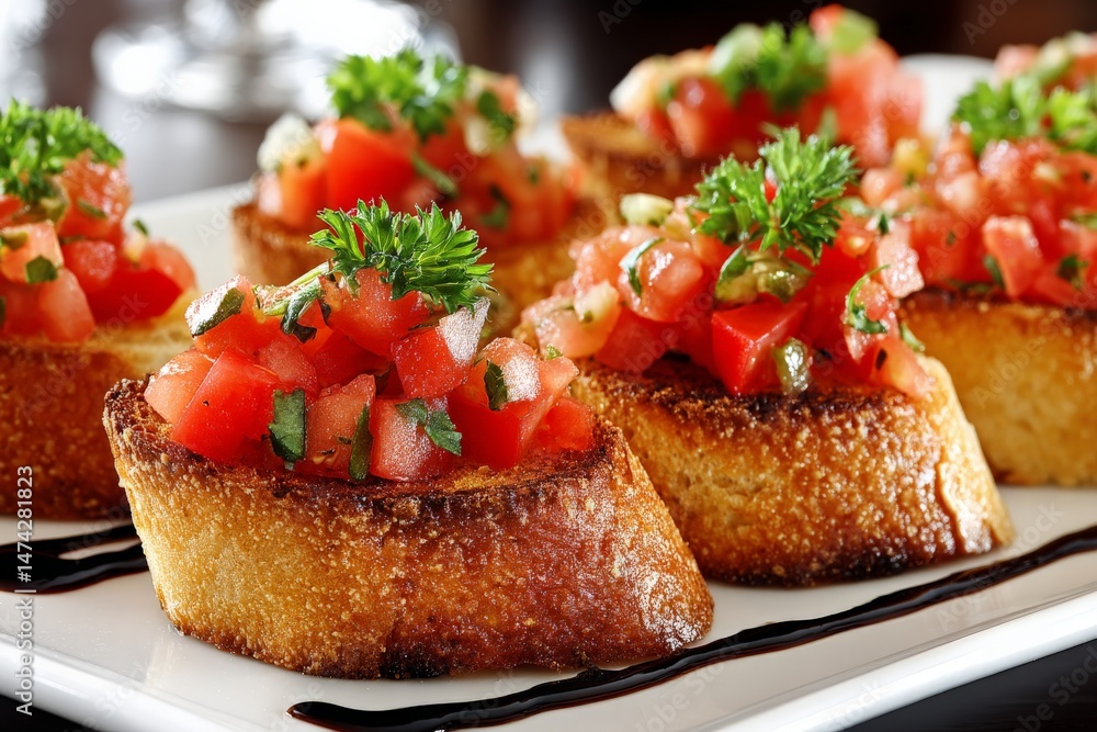 Delicious bruschetta topped with fresh tomatoes and herbs served on toasted bread at a cozy restaurant Delicious bruschetta topped with fresh tomatoes and herbs served on toasted bread at a cozy restaurant