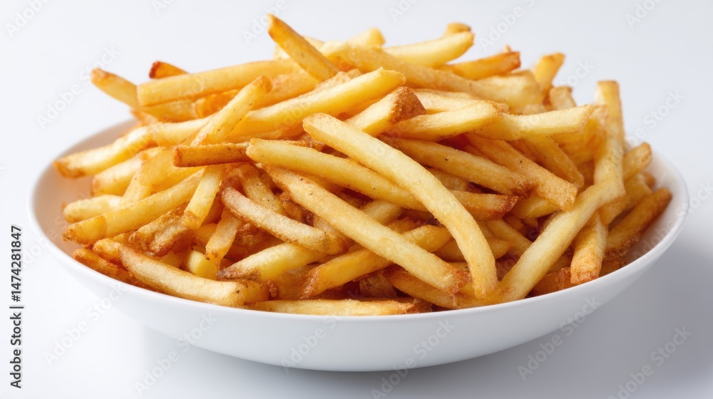 Golden French Fries Served in White Bowl on White Background Studio Shot Close Up Delicious Snack Golden French Fries Served in White Bowl on White Background Studio Shot Close Up Delicious Snack