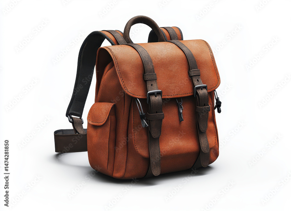 High-quality Brown Leather Knapsack with Straps on White Background