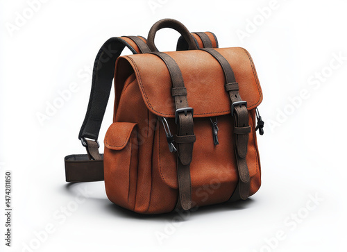 Obraz na płótnie High-quality Brown Leather Knapsack with Straps on White Background w salonie