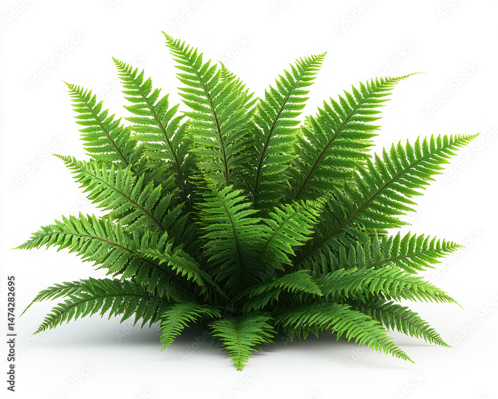 Lush Green Fern Plant Isolated on White Background Showcasing Detailed Leaves and Natural Texture