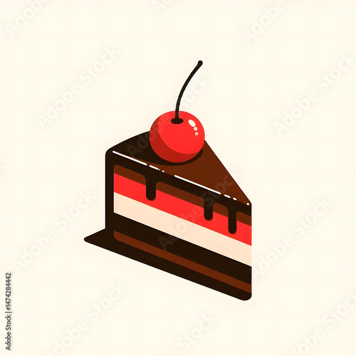 Sweet chocolate cake with cherry and cream decoration, a delicious vector illustration for birthday celebrations