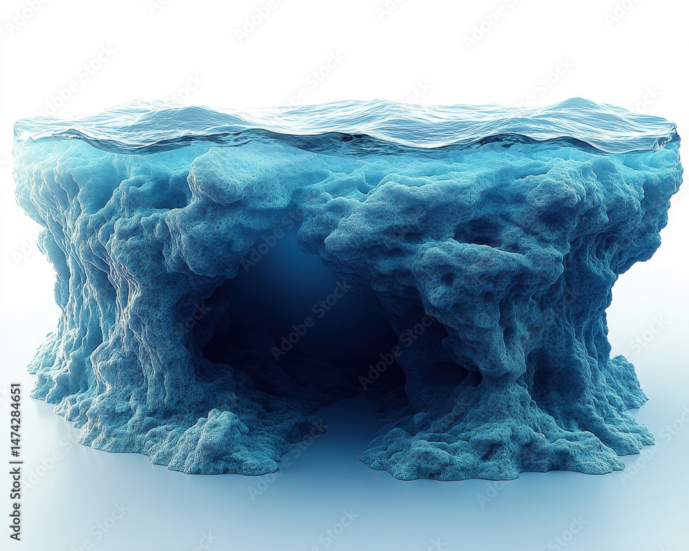 Mystical Underwater Abyss with Rock Formation on Pure White Background