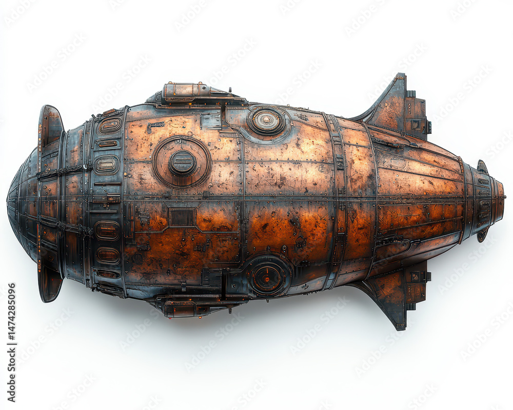 Front View of Airship with Detailed Metal Texture and Industrial Design on White Background