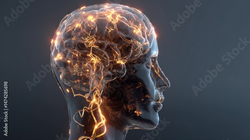 Human head silhouette with glowing network representing brain activity or consciousness.