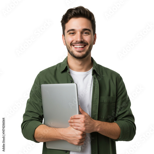 Man with laptop smiling isolated on transparent background