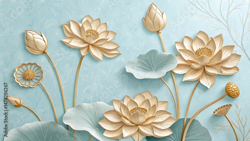 Golden Lotus Flowers on Light Blue Background Artistic Floral Arrangement