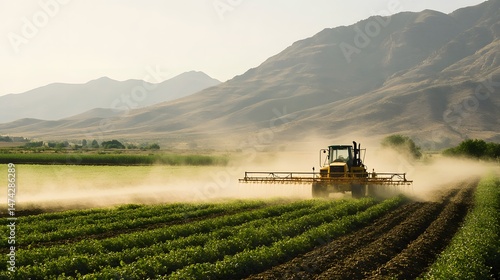 Agricultural machinery spraying crops in a rural landscape.