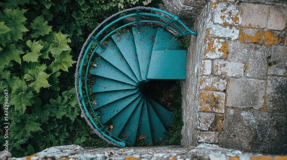 Fototapeta premium Spiral staircase amidst overgrown greenery and stone ruins